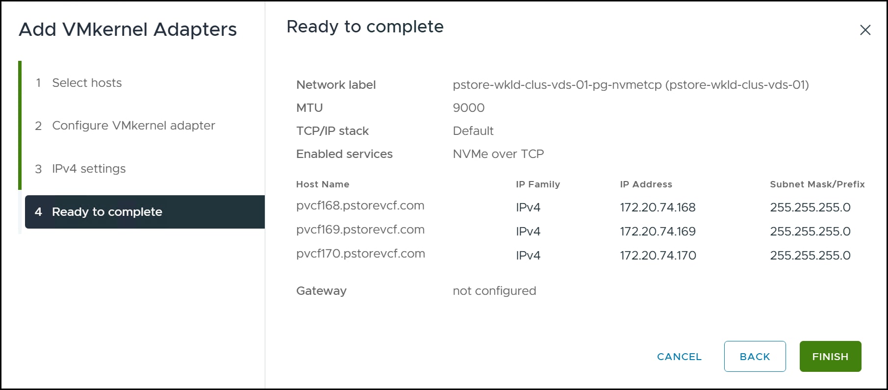 Screen capture of Add VMkernel adapters - Ready to complete window
