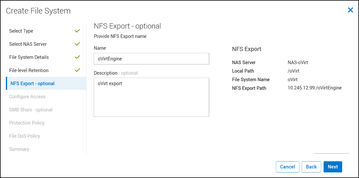 A screenshot of Create File System - NFS Export - optional dialog.