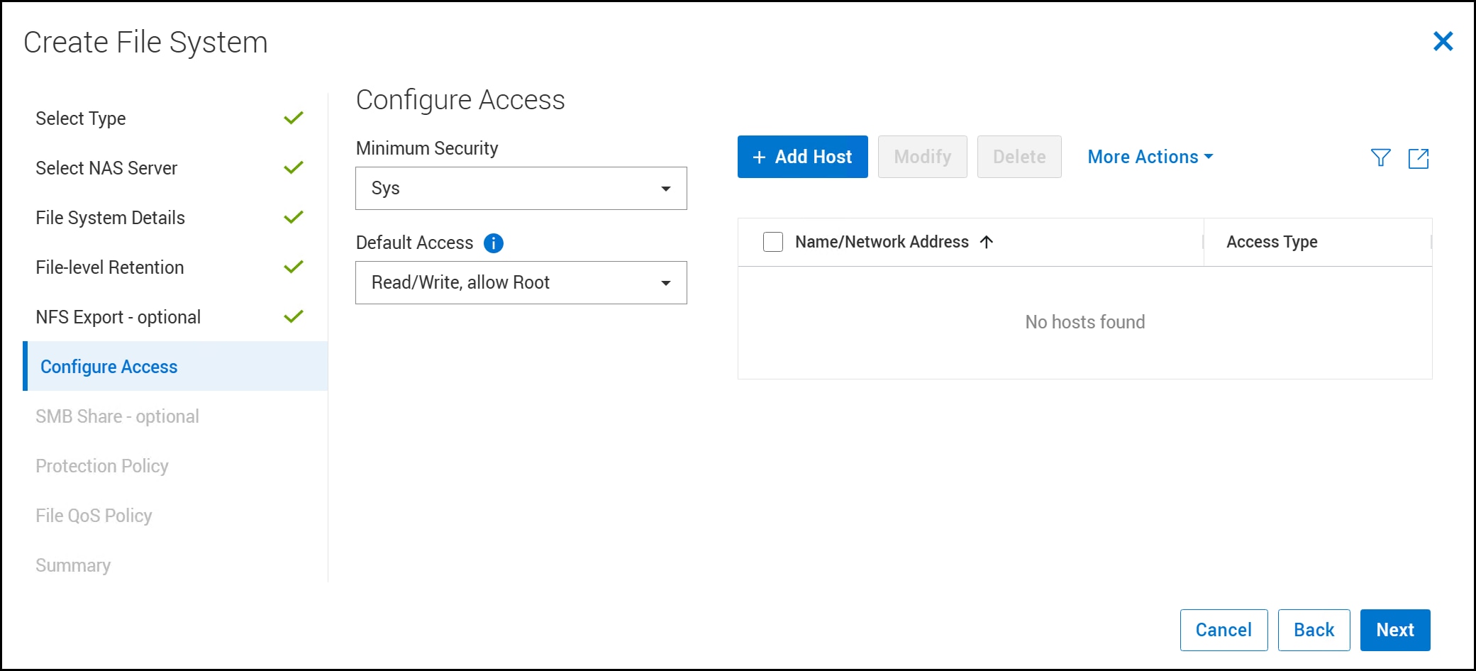A screenshot of Create File System - Configure Access dialog.