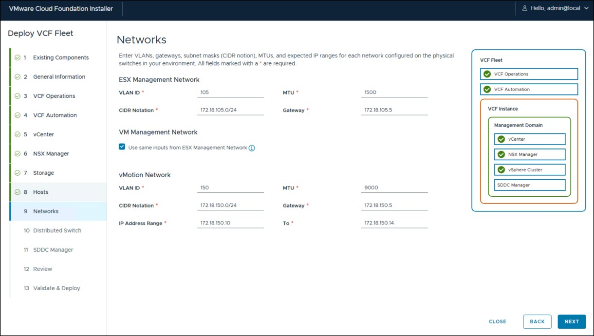 VMware Cloud Foundation Installer - step 9.