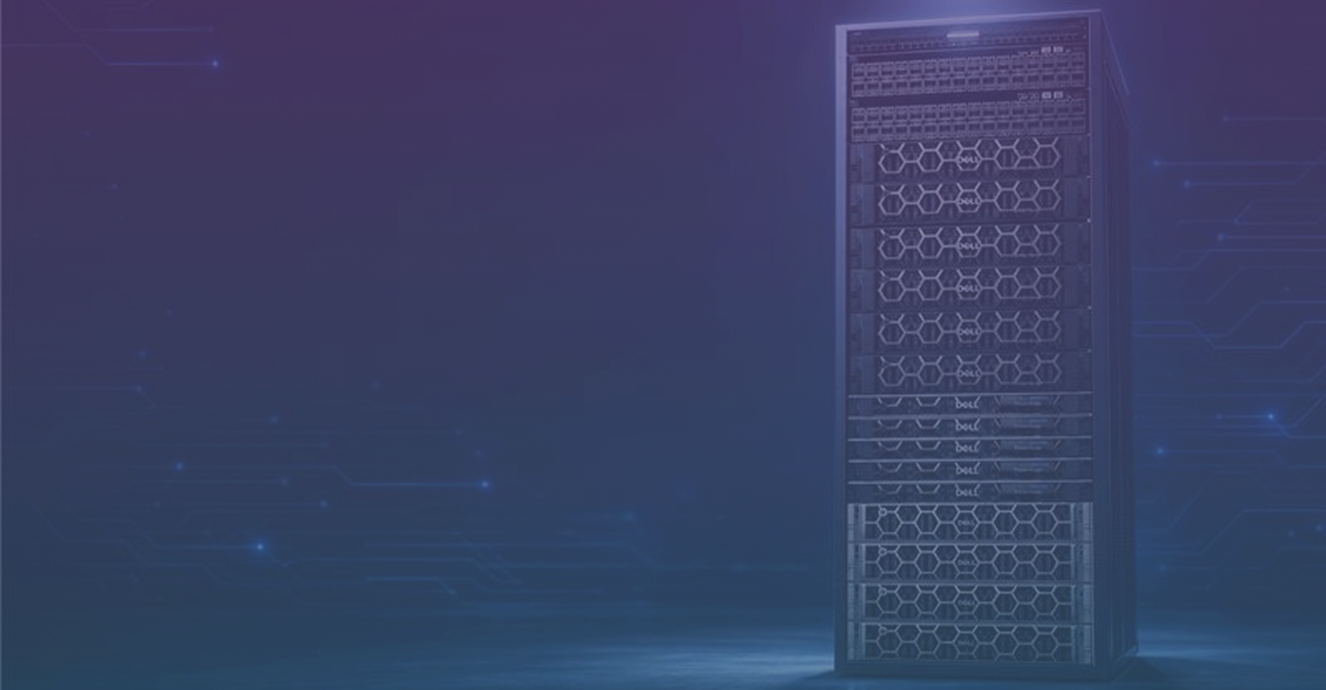 Dell PowerEdge rack server against a digital blue and purple background.