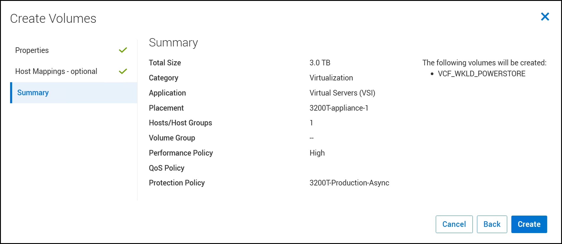 Screen capture of Create Volumes - Summary window
