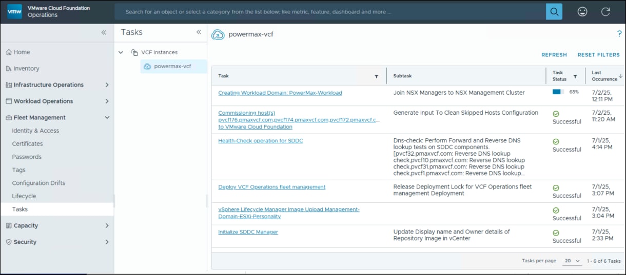 VCF instance tasks showing workload domain creation.