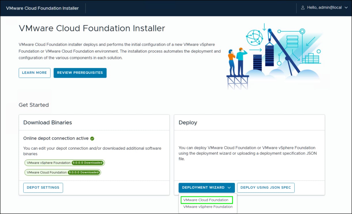 VMware Cloud Foundation Installer initial screen.