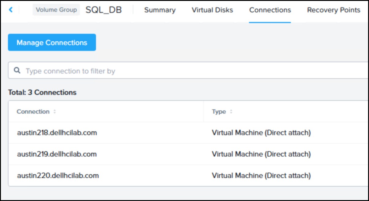 Prism Central showing volume groups with attached VMs.