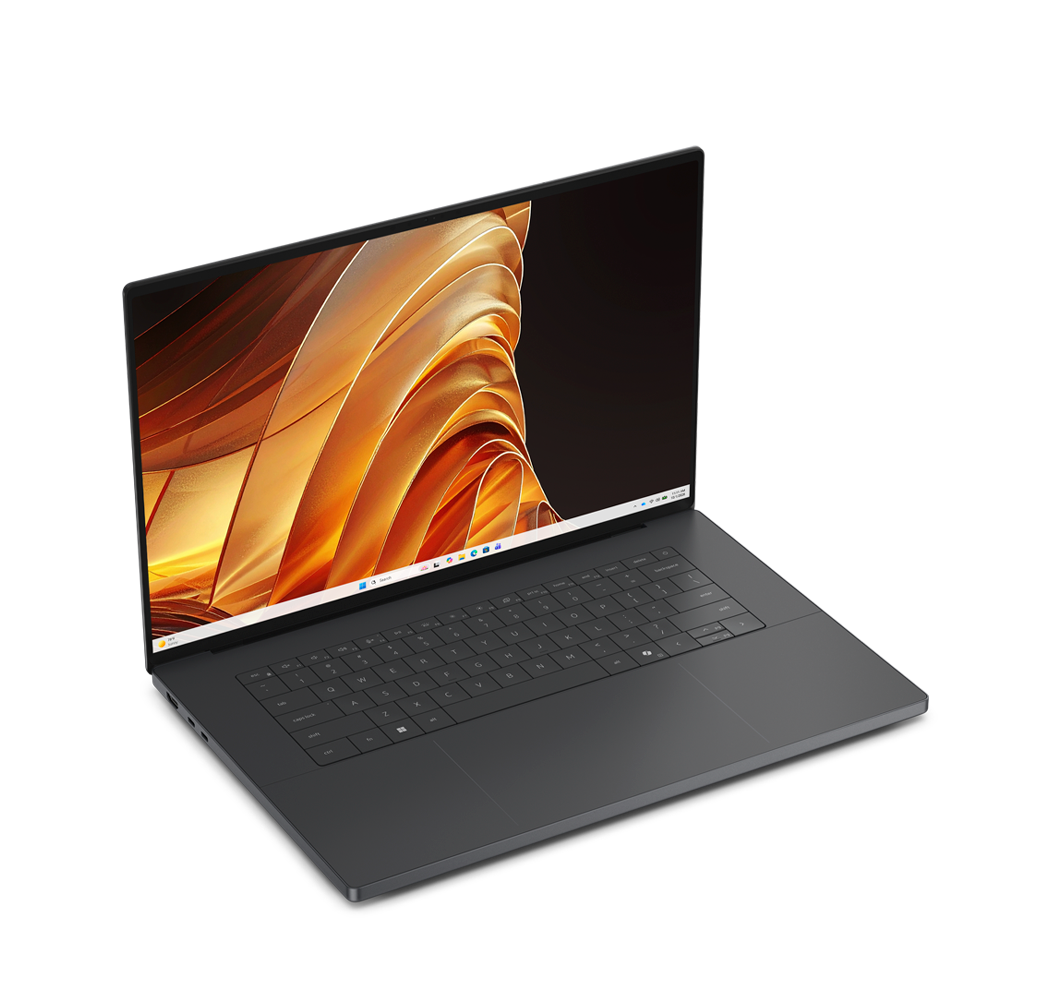 Dark gray Dell XPS 16 laptop open and angled right, displaying an abstract orange and gold graphic on the screen.