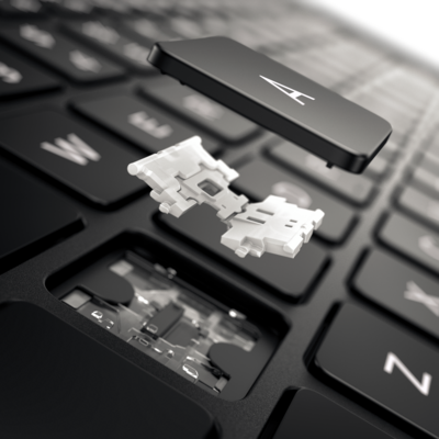Exploded view of key cap, scissor mechanism, and dome of a laptop key