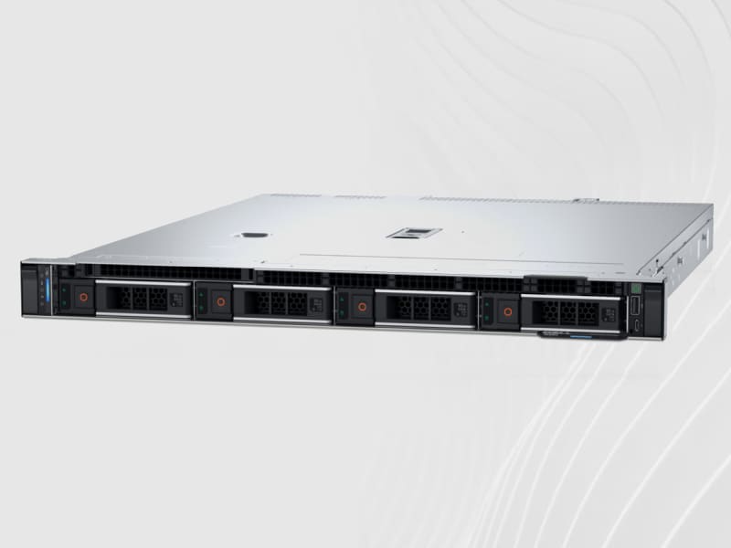 A Dell PowerEdge R360 rack server displaying its front drive bays against a light gray background with wavy lines.