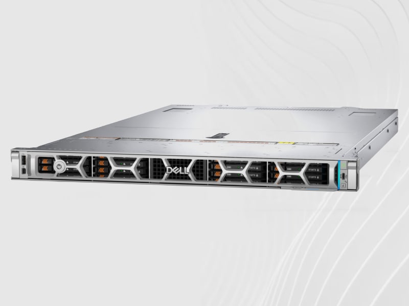 Silver Dell PowerEdge R6715 rack server with drive bays against a gray background with wavy lines.