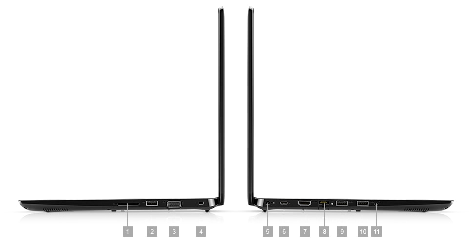 A side view of the laptop, Latitude 14 3400, showing the ports and slots, which are numbered adjacent to the image. Right hand side, moving towards the hinge, there are four ports: 1, 2, 3, 4. On the left hand side, also moving towards the hinge, there are seven ports: 11, 10, 9, 8, 7, 6, 5. 