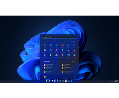 Picture of a laptop homepage with Microsoft Windows 11 blue logo as background and search tool opened.