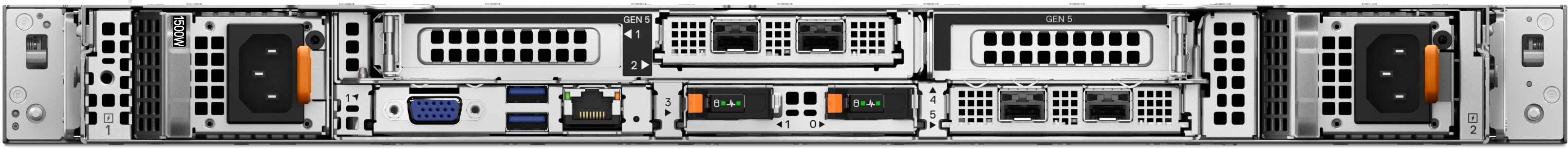 View rear-facing A R6715 Server from back, showing the various ports and connection points.