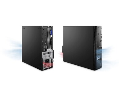 Picture of two Dell Precision 3460 Small Form Factor Desktops one from the front and one from the back side by side.