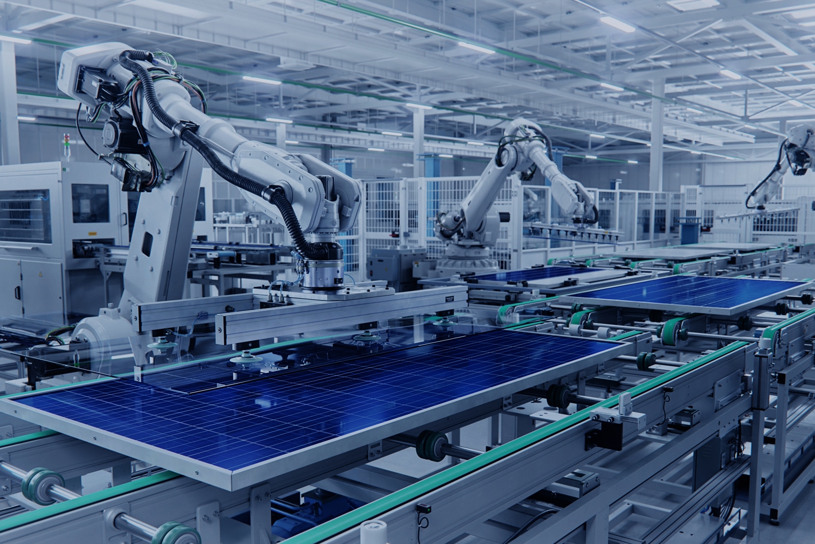 Solar Panel Production Line with Robot Arms at Modern Factory.