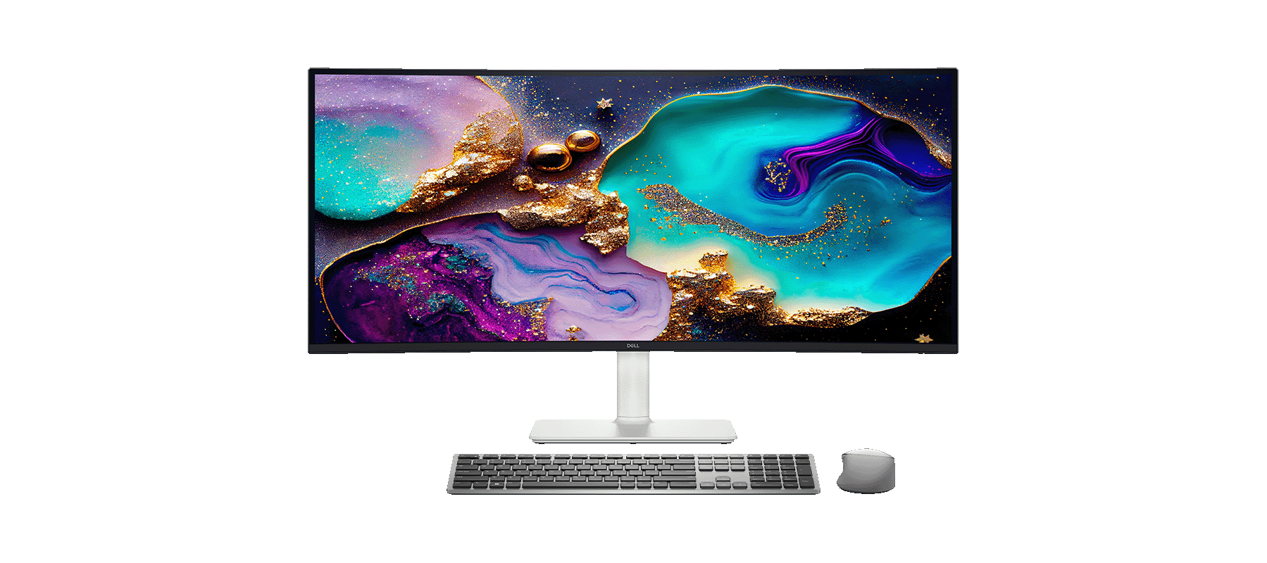 homepage ena site banner featuring 34 inch S-Series S3425DW Monitor, KM7321W Wireless Keyboard and Mouse with the screen showing Abstract Liquid Marble Background