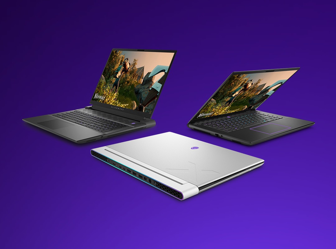 homepage module site banner featuring Alienware m16r2, m18, x16 Gaming Notebooks with the screen showing Nightingale on Alienware Gradient Background - Violet