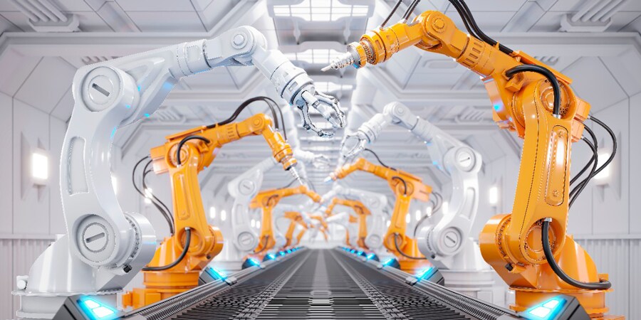 Robotic Arm and Conveyor in a Futuristic Assembly Manufacturing Factory