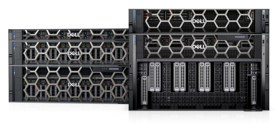 Front view of multiple Dell PowerEdge rack servers depicting enterprise-grade 2U and 6U configurations, including a PowerEdge R-series and compact module of a high-density GPU PowerEdge XE9680.