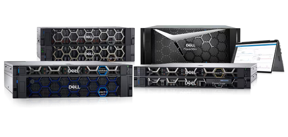 A lineup of Dell enterprise storage and server systems, including Dell VxRail, Dell Unity XT, Dell PowerMax, Dell PowerFlex, and Dell PowerScale units, with an all-in-one device displaying a system interface.