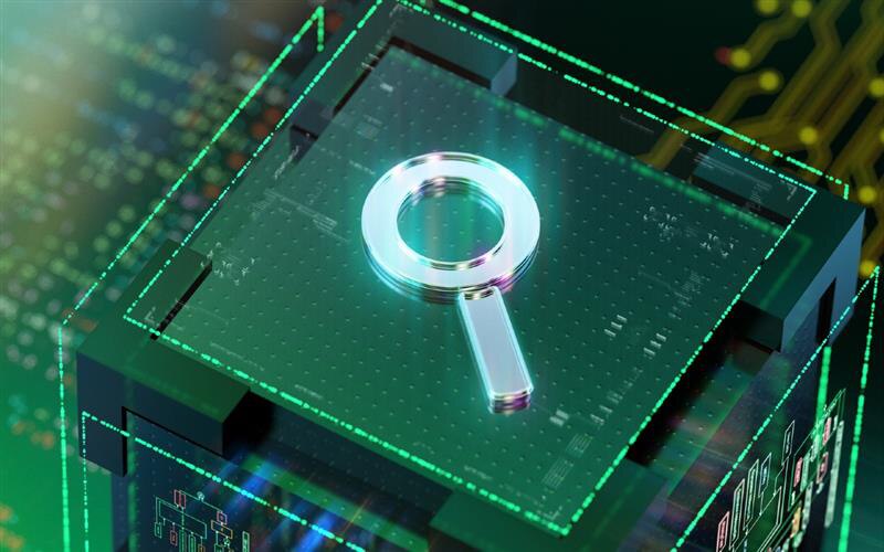 Search Engine Concept Background. A Look into the Future of AI search. Digital loupe icon processing search requests. CGI 3D render