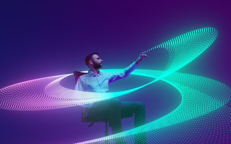 Professionals in formal attire examine and interact with flowing digital wave 