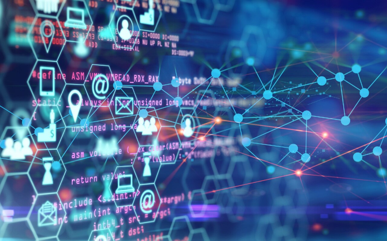 Technology icons transfer data through programming codes, artificial intelligence concept