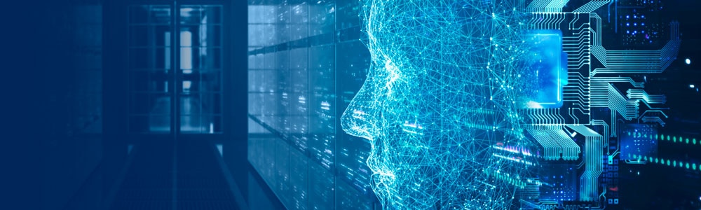 Robot and Circuit Board on Futuristic Server Room Background