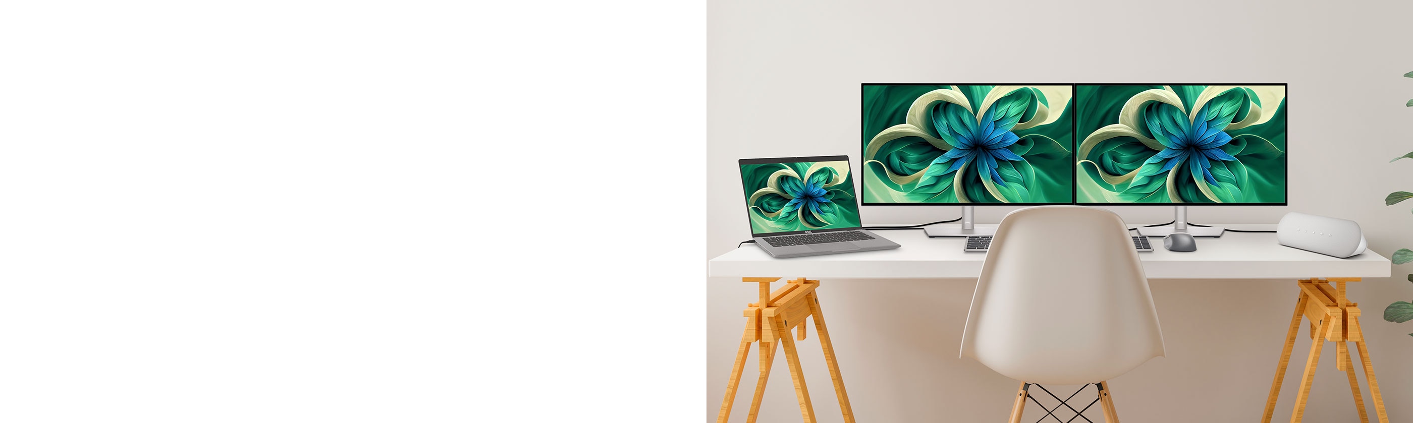 homepage hero site lifestyle banner featuring Workspace Home Office with the screen showing Abstract Flower With Blue and Green Gradients