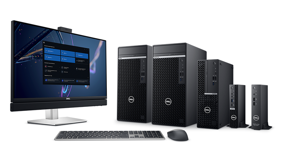 La familia de computadoras Optiplex con un monitor, teclado y mouse
