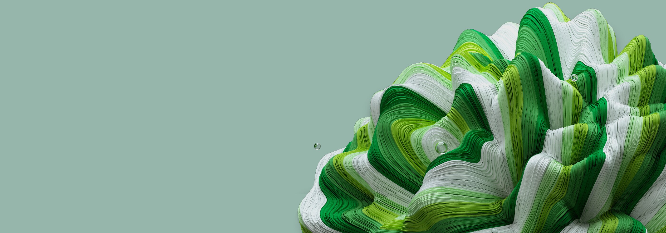 Motif circulaire et torsadé vert et blanc semblable à une fleur abstraite