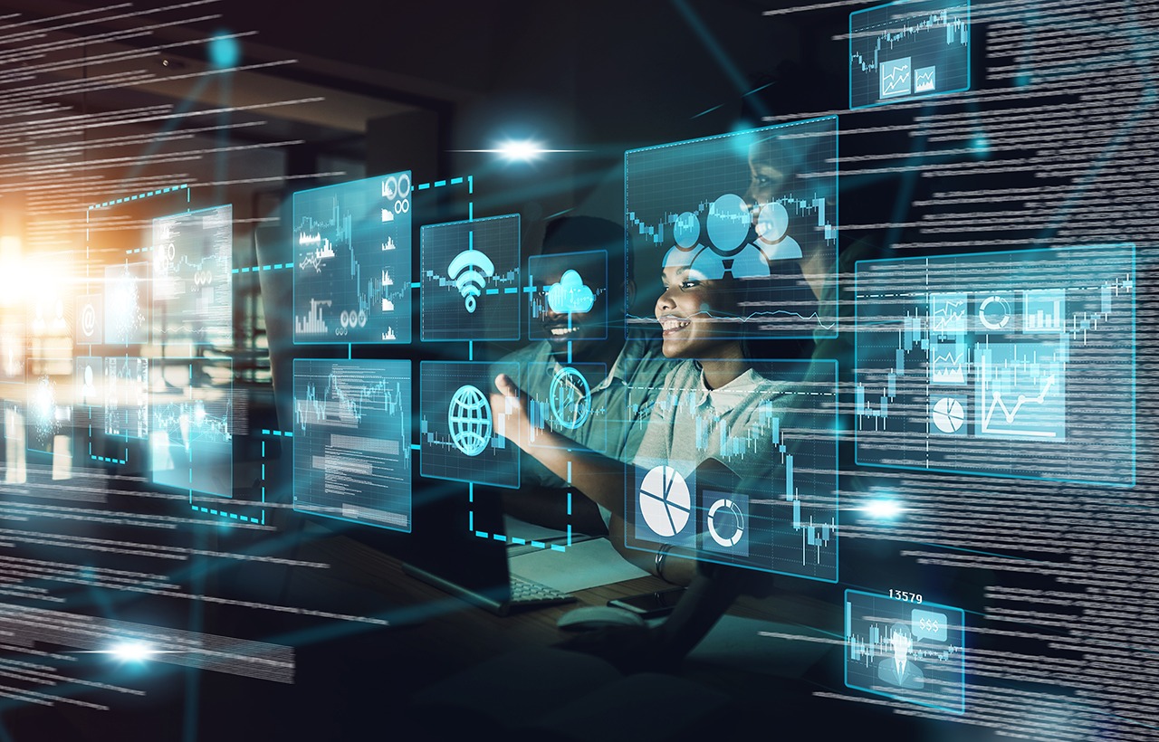 Digital transformation, black people and group networking on computer. Overlay, ai and business people on ui, technology or ux and futuristic big data, 5g network and social connection in dark office