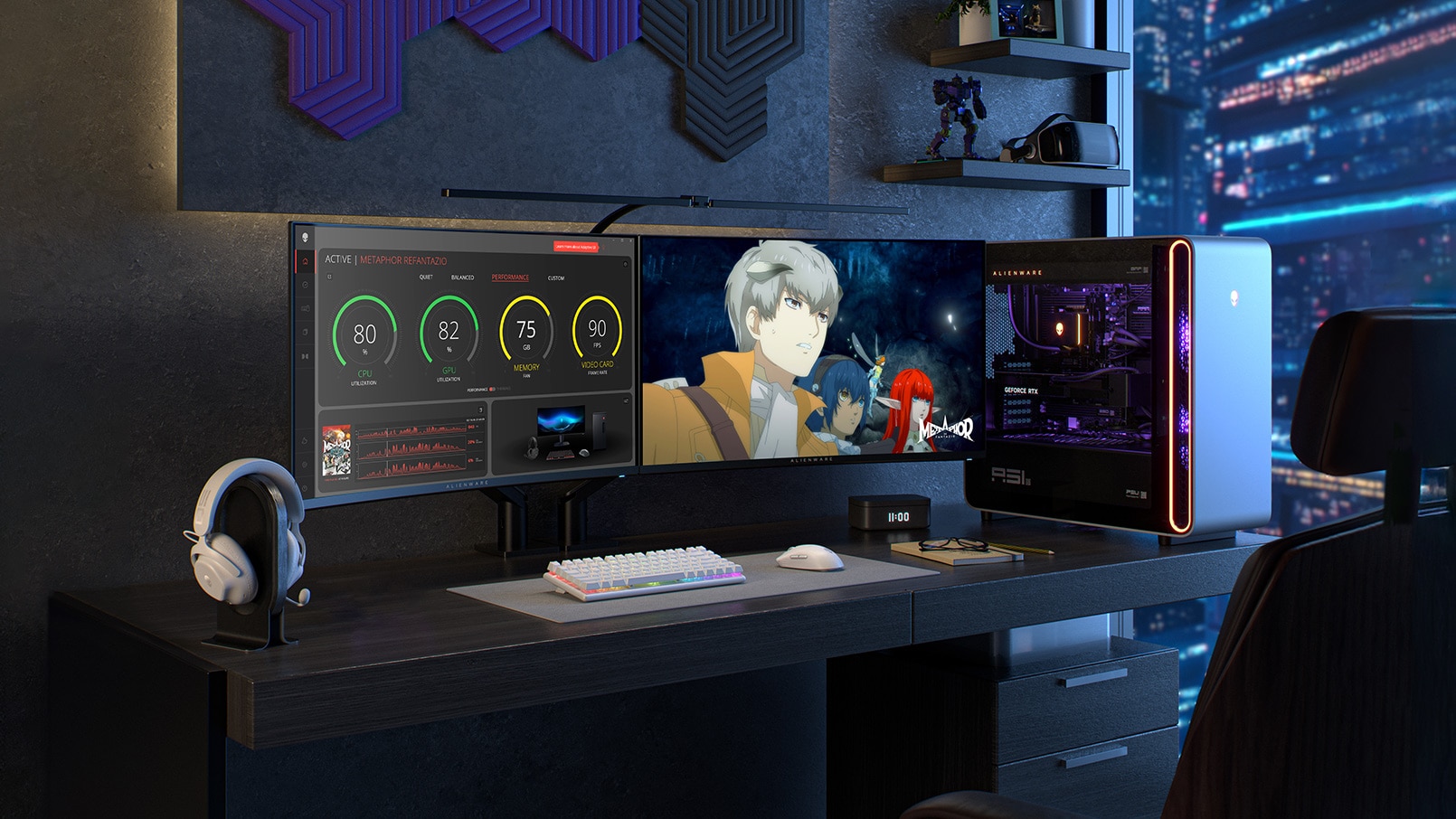 homepage promo carousel site lifestyle banner featuring Area-51 Gaming Desktop Sitting on Desk in the Ultimate Immersion Environment with the screen showing Metaphor: ReFantazio, AWCC Metaphor R16 Screenfill