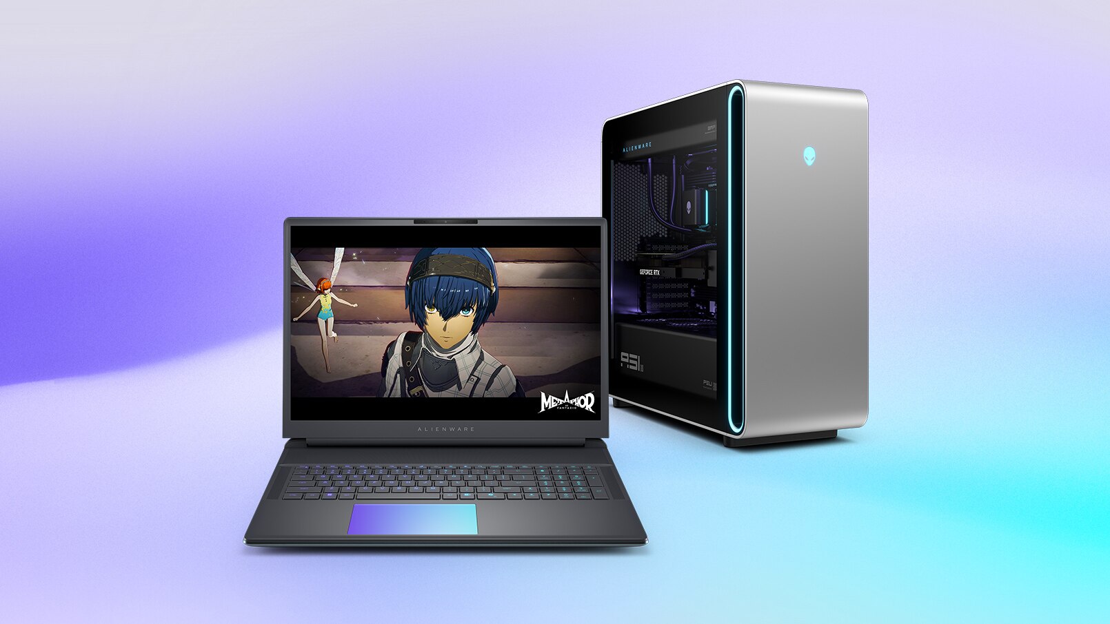 homepage promo carousel site banner featuring Alienware 18 Area 51 AA18250 Gaming Laptop, Area-51 Gaming Desktop with the screen showing Metaphor: ReFantazio placed on Alienware Gradient Background - Silver, Violet & Teal