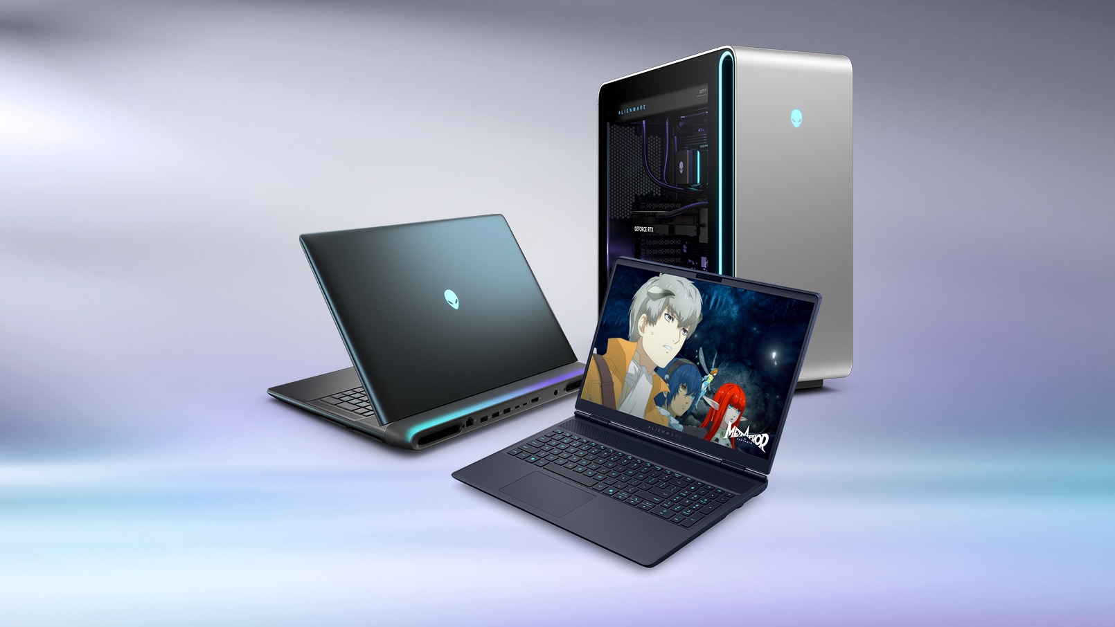 homepage promo carousel site lifestyle banner featuring Alienware 16X Aurora AC16251 Gaming Laptop, Alienware 18 Area 51 AA18250 Gaming Laptop, Area-51 Gaming Desktop with the screen showing Metaphor: ReFantazio placed on Alienware Studio Backgrounds - Li