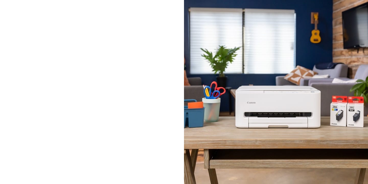 Canon TS4320 Printer on desk with toner and other office supplies.