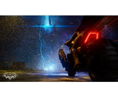 Man riding a motorcycle towards rain and lightning.