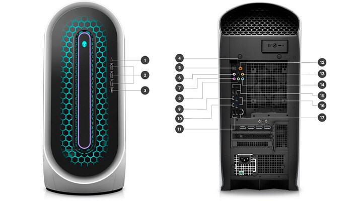 Dell Alienware Aurora R15 Gaming Desktop with numbers from 1 to 17 signaling the product ports and slots.