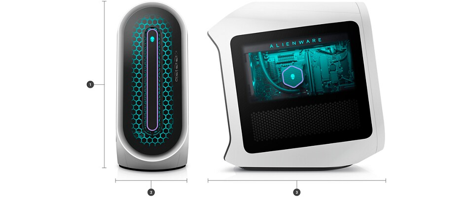Dell Alienware Aurora R15 Gaming Desktop with numbers from 1 to 3 signaling the product dimensions and weight.   