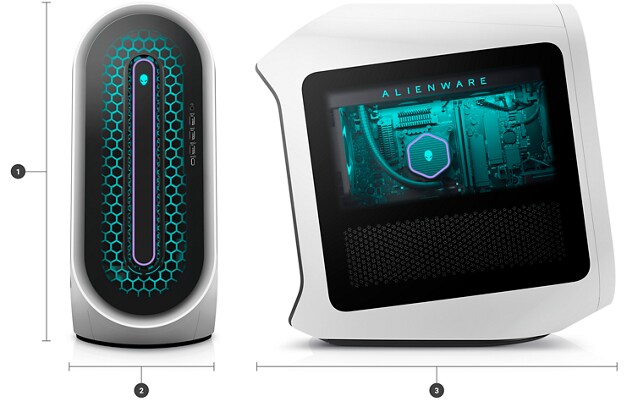 Dell Alienware Aurora R15 Gaming Desktop with numbers from 1 to 3 signaling the product dimensions and weight.   