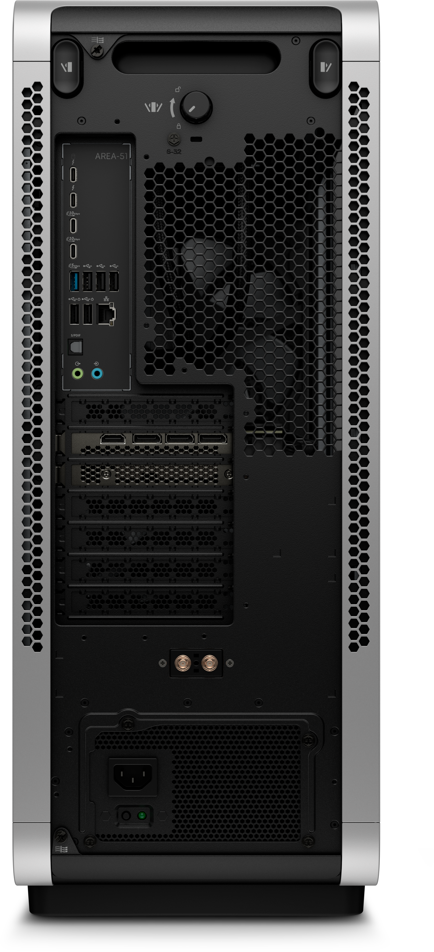 Rear facing Alienware Area-51 Gaming Desktop showing ports & connections