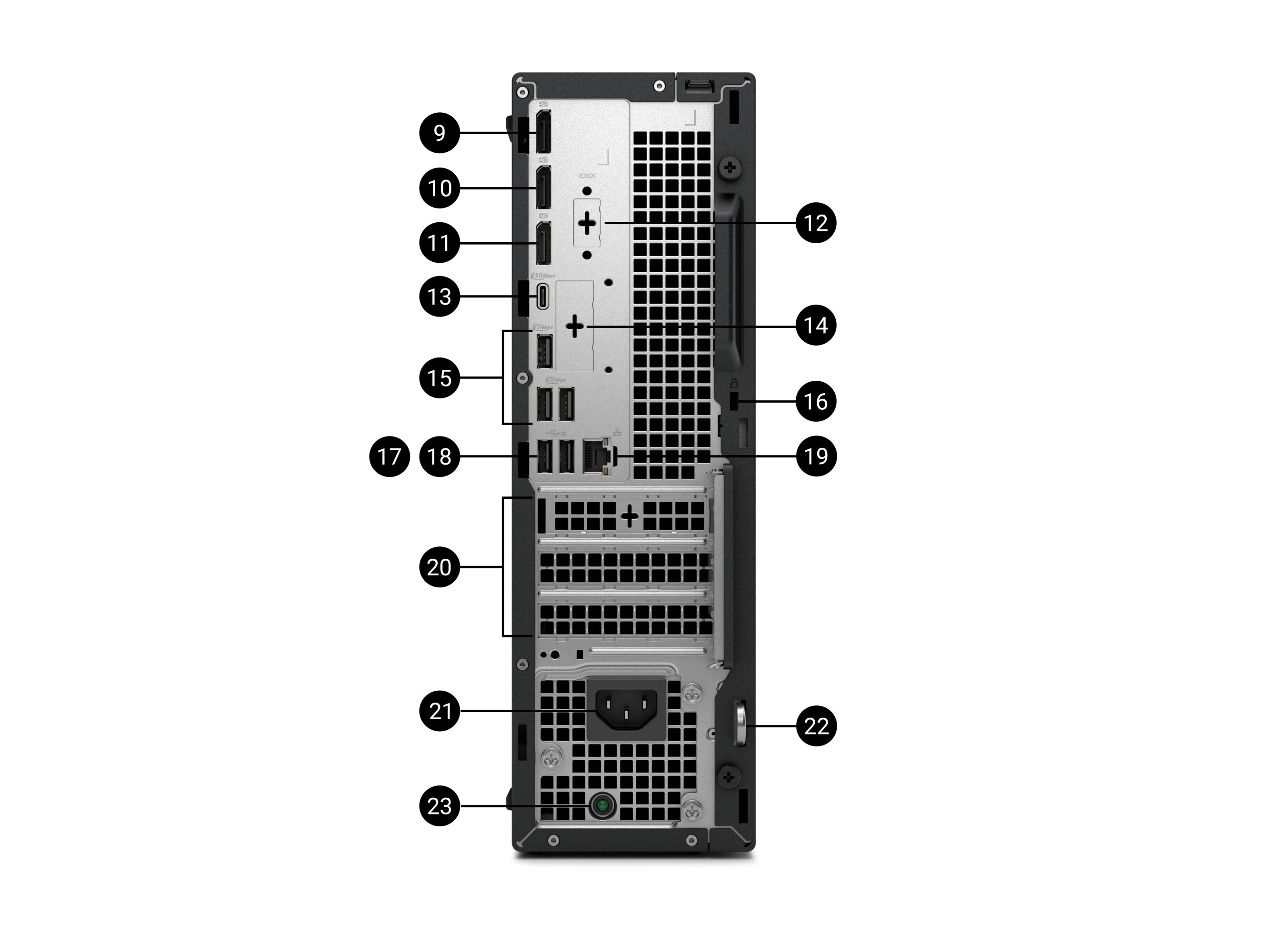 An image depicting the ports on the back of the desktop with numbered labels 9 through 23