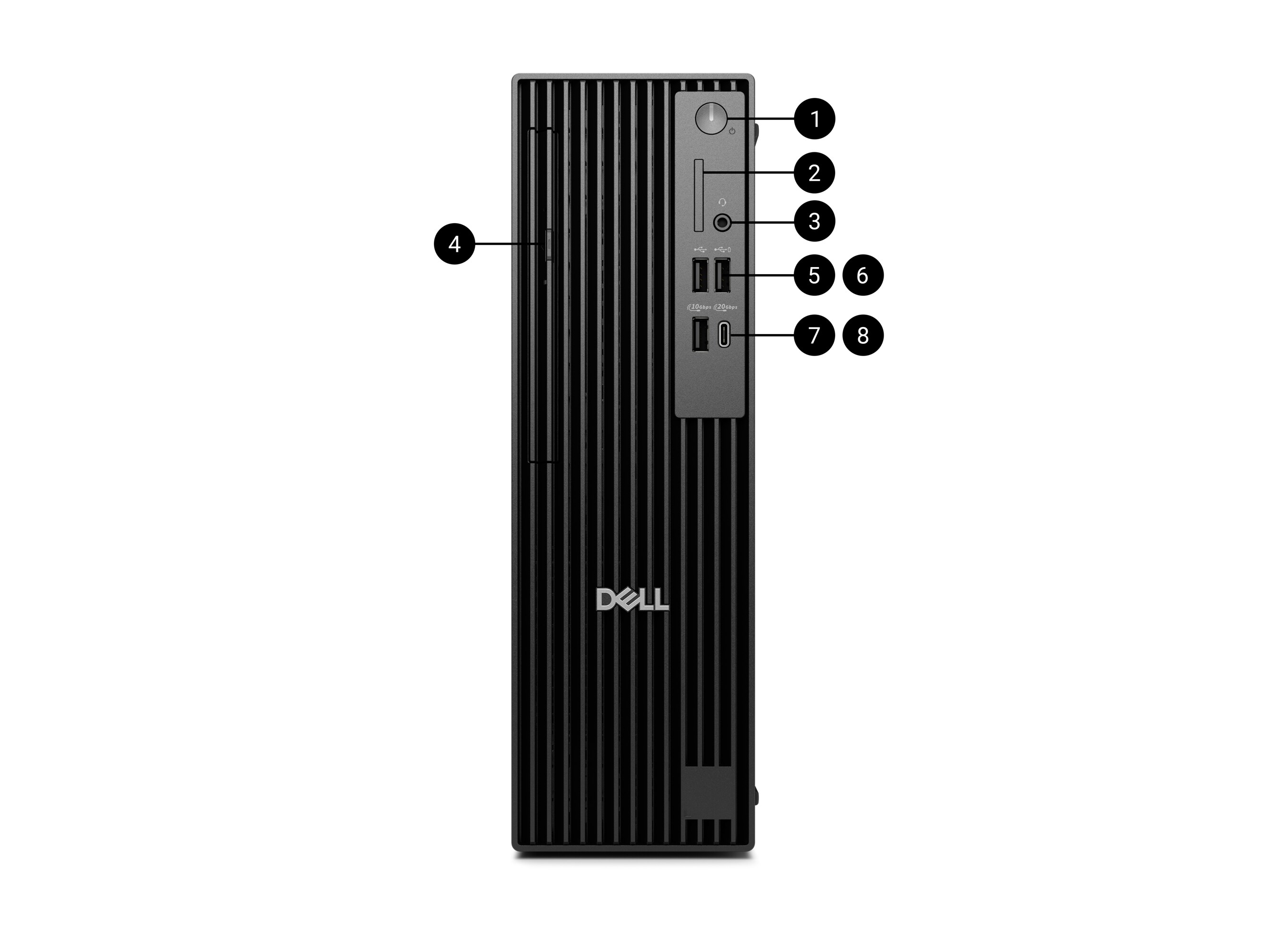 An image depicting the ports on the front of the desktop with numbered labels 1 through 8
