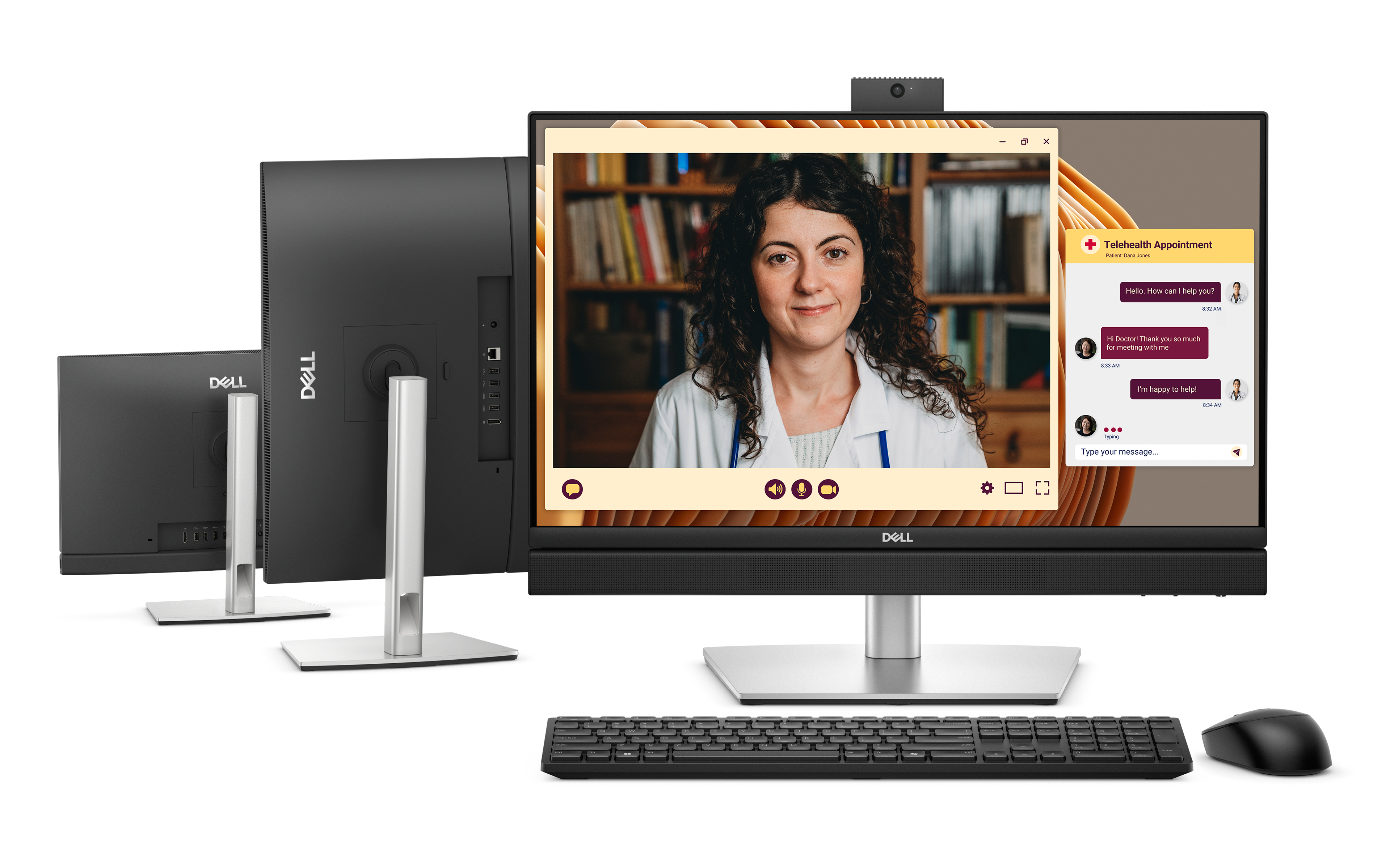 Three All-in-One desktops, each adjusted to a different stand position.