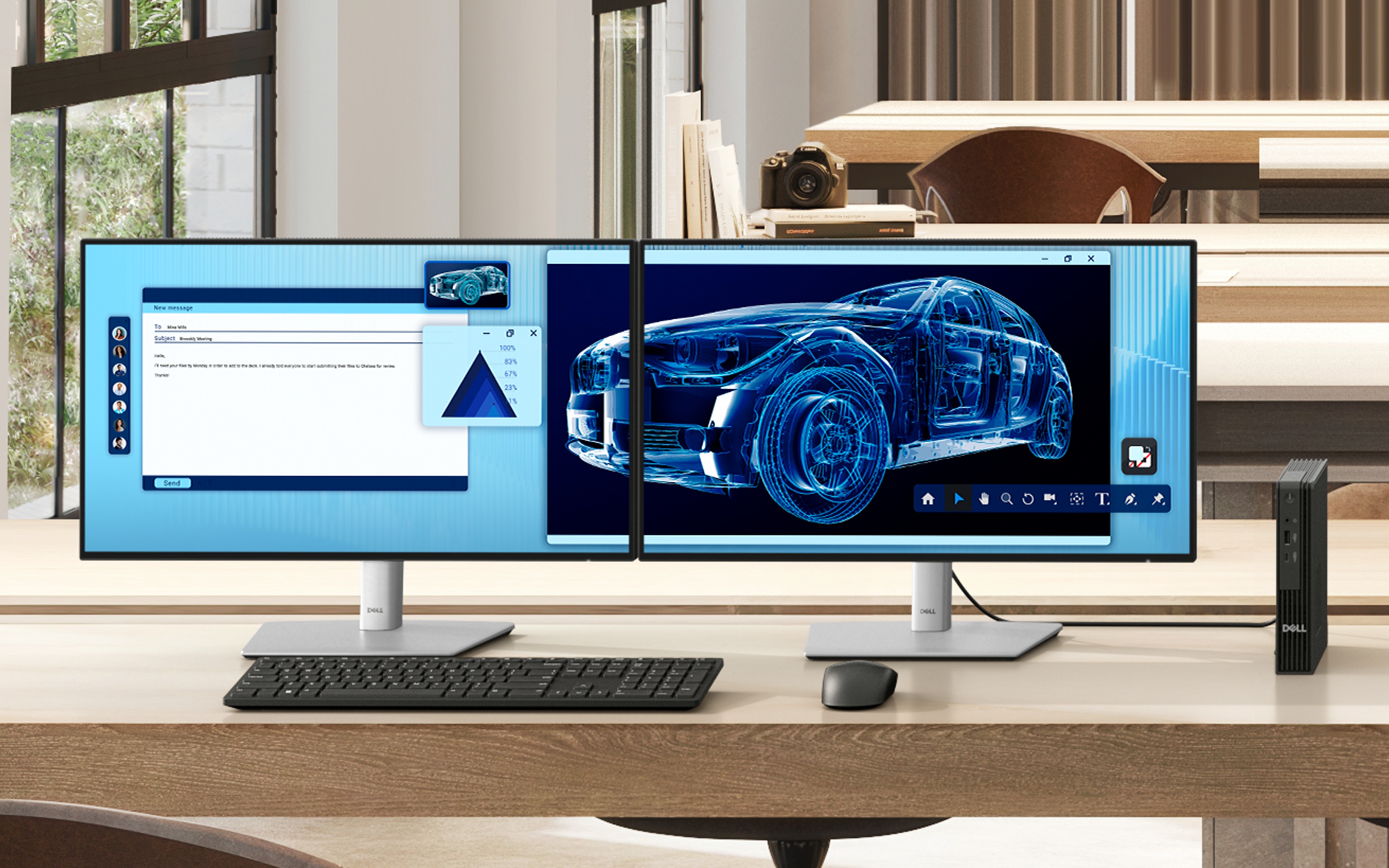 This digitally created image showcases a contemporary office enriched by natural light and warm wooden elements. Two monitor set up.