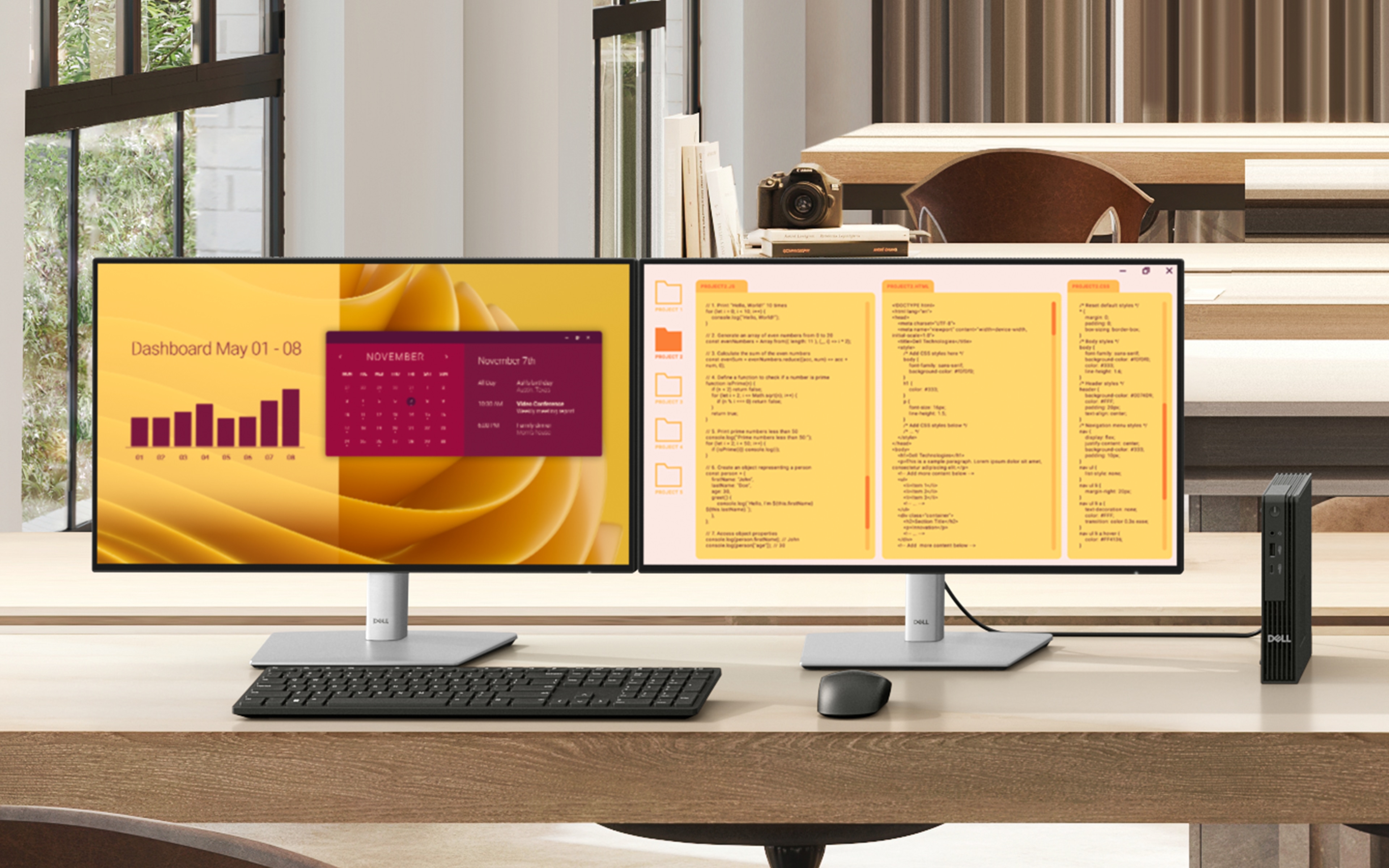This digitally created image showcases a contemporary office enriched by natural light and warm wooden elements. Two monitor set up.