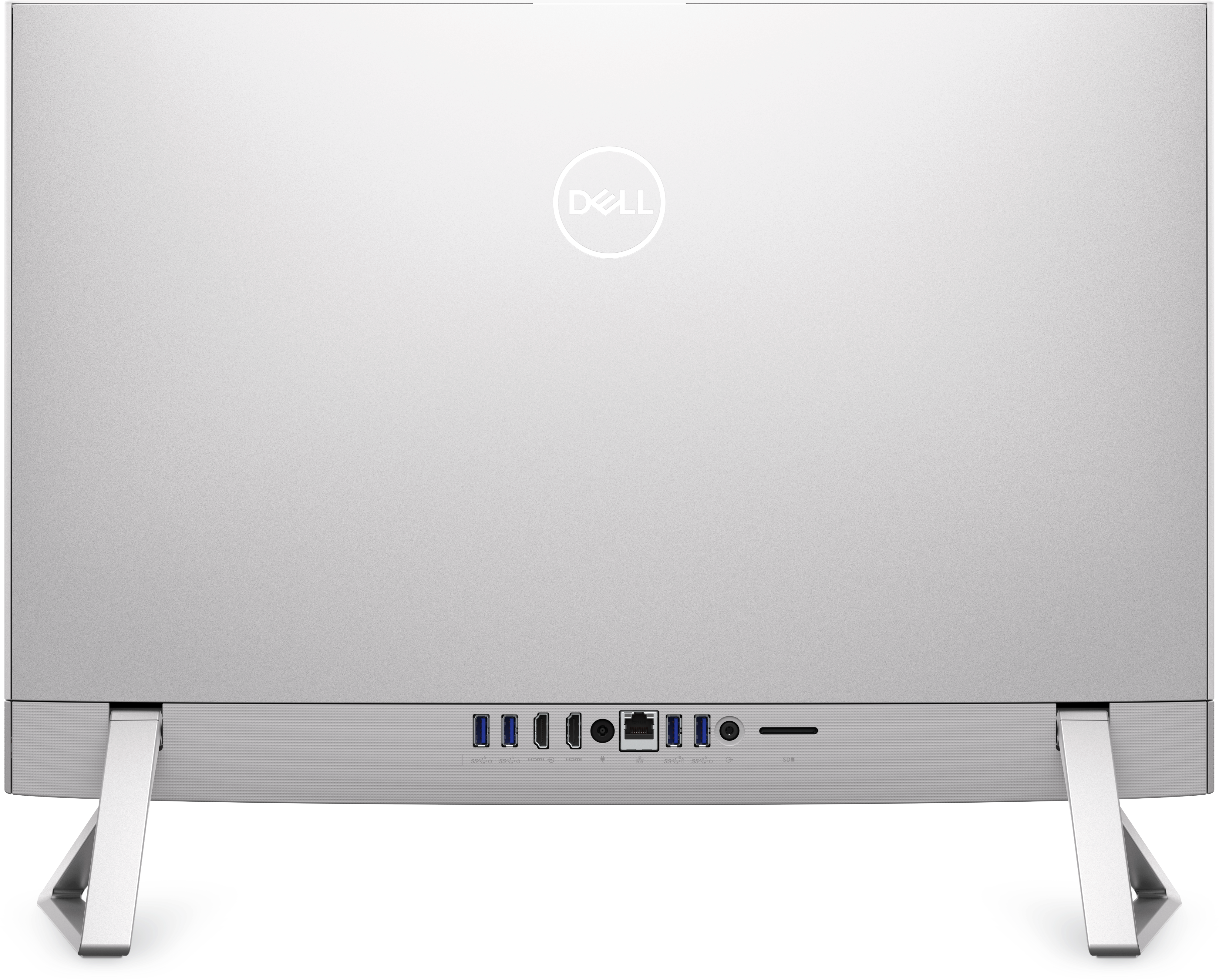 从底部向上拍摄的 Dell 24 一体机的背面照片，展示了其各种开关和端口。