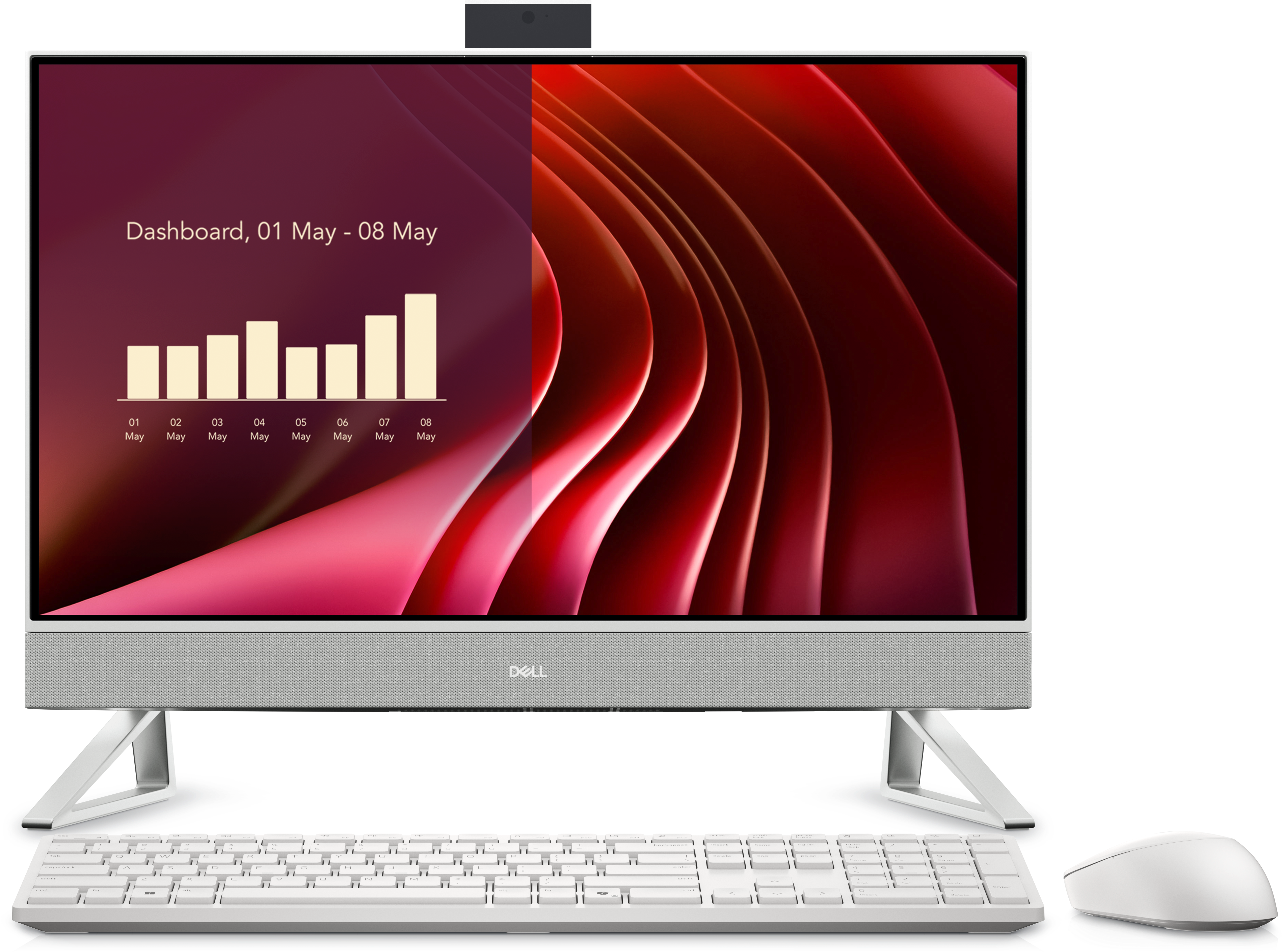 Dell 24 올인원. 중앙에 막대 그래프 디스플레이가 있고, 상단에 팝업 카메라, 화면 아래에 키보드와 마우스가 있습니다.