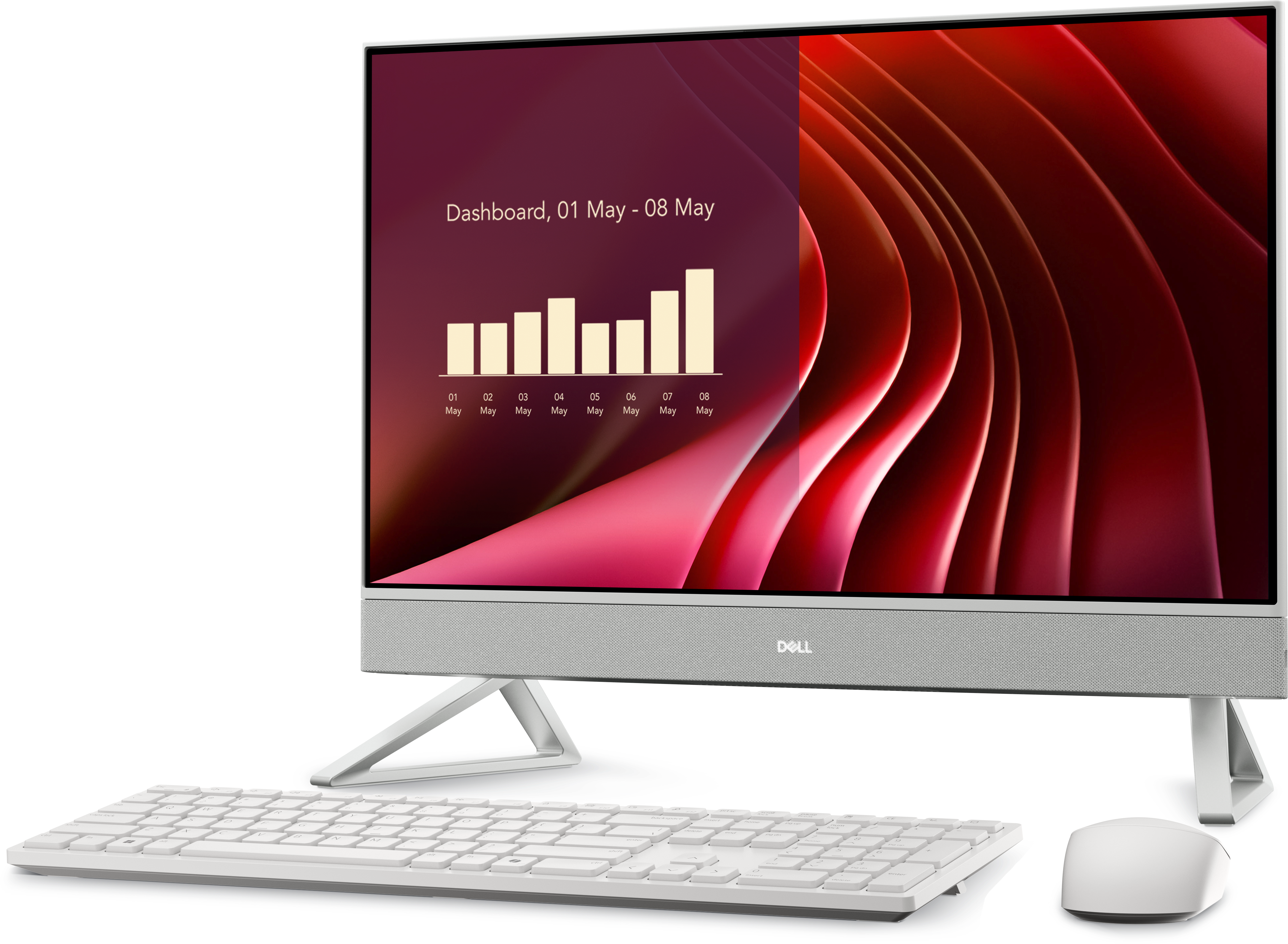 왼쪽으로 각도를 튼 Dell 24 올인원 전면 사진. 막대 그래프 디스플레이가 있고, 화면 아래에 키보드와 마우스가 있습니다.