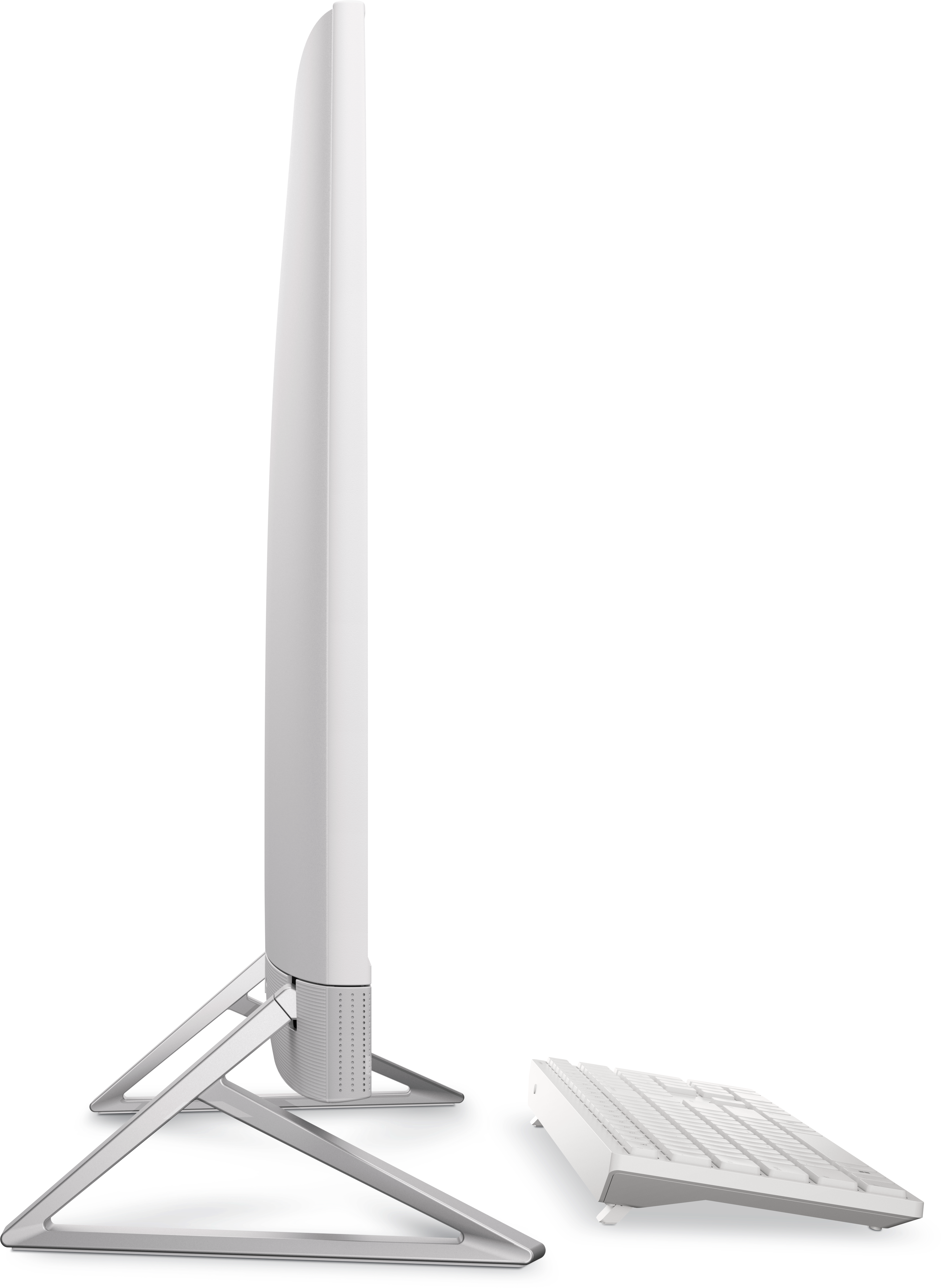 View right-profile A left-facing shot of the Dell 27 All-in-One with the white isoceles stand and a keyboard in view.