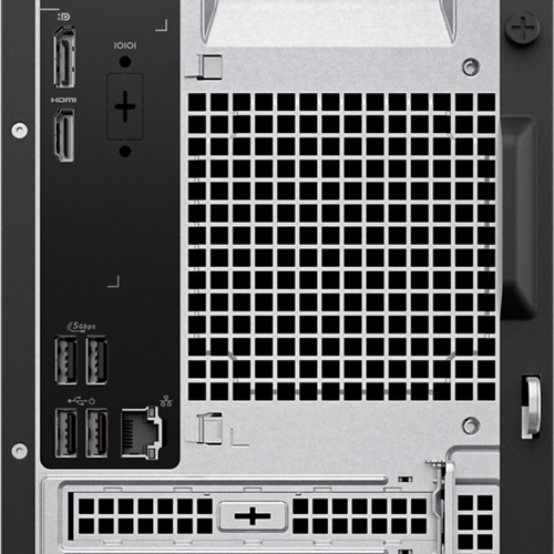 A rear view of a new compact Dell Slim desktop computer, showing multiple slots for memory and graphics cards